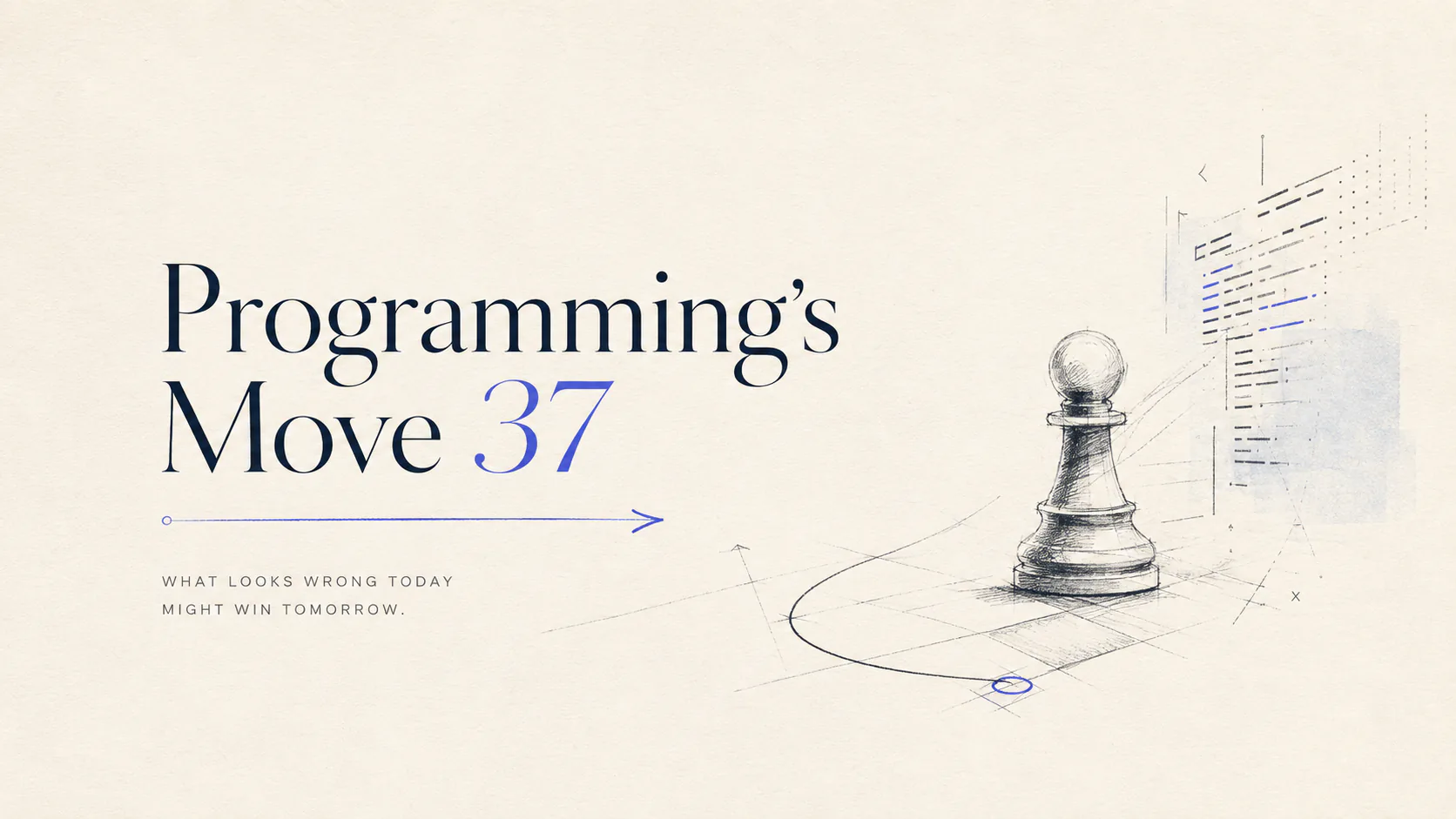 A chess pawn beside lines of code, illustrating Programming's Move 37